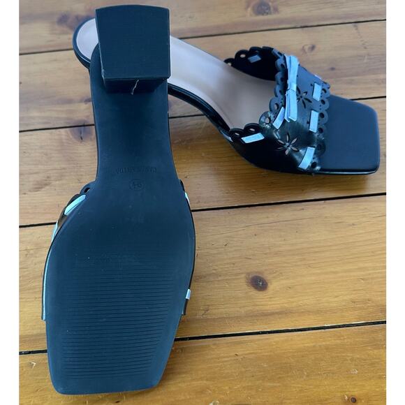 New in box Open Square Toe Black Mules Chunky Block Heel Size 9.5 Ribbon Floral - Picture 6 of 11